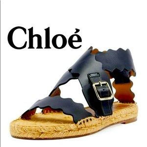 Black Lauren Scalloped Flat Espadrille Sandals Leather